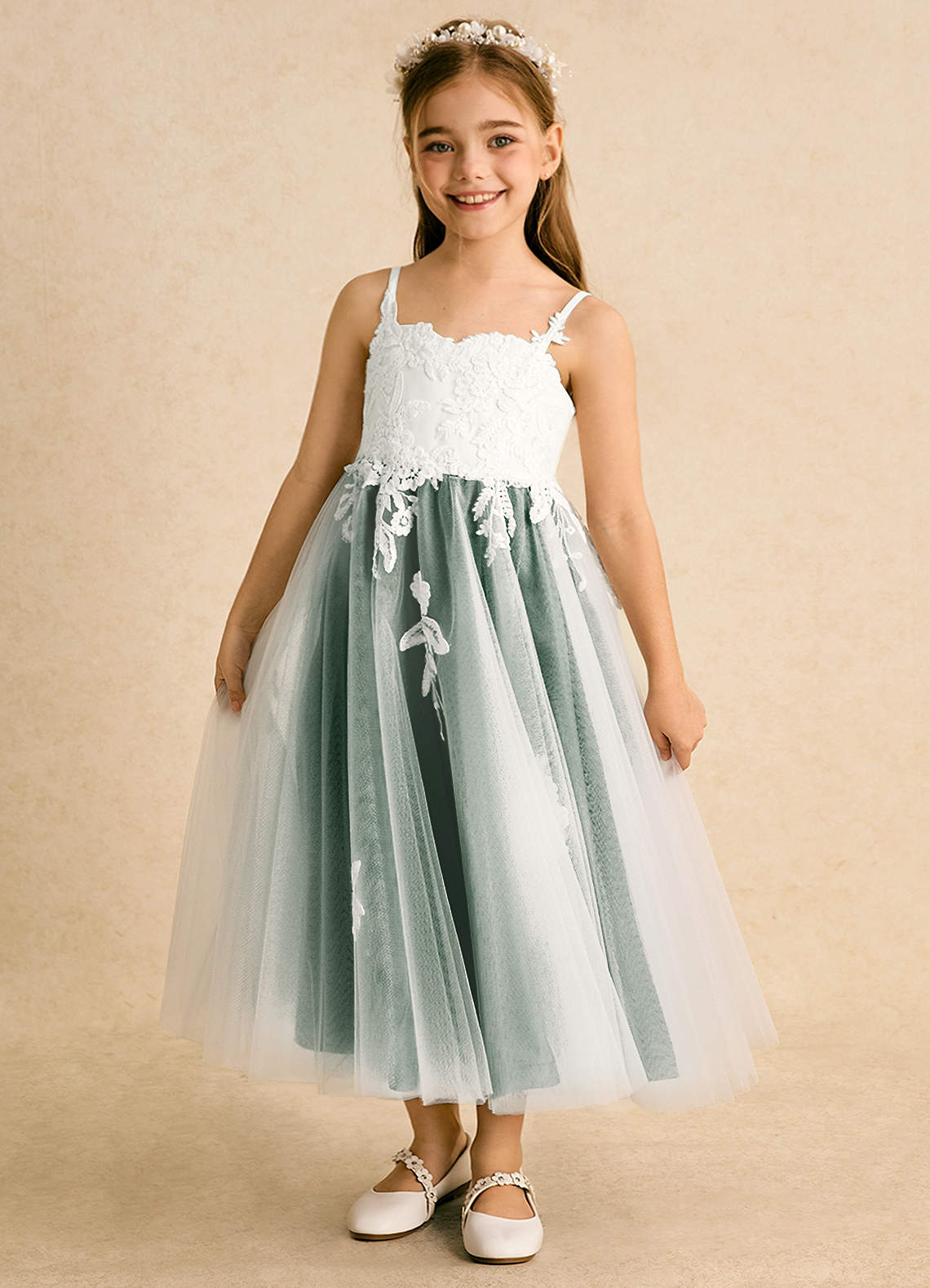 Azazie Coraline Blumenmädchenkleider A-Linie Spitze Kleid Elfenbein Dunkelgrün image1