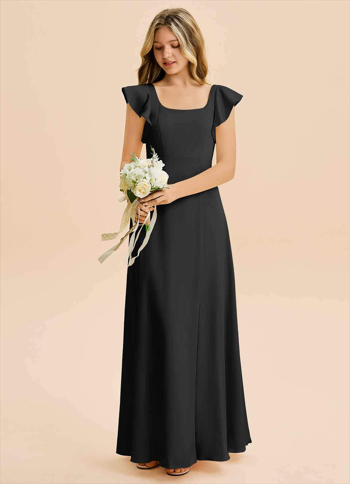 Azazie Bondi Junior A-Linie Seitliche Cut-Outs Stretch-Satin Kleid Schwarz image4