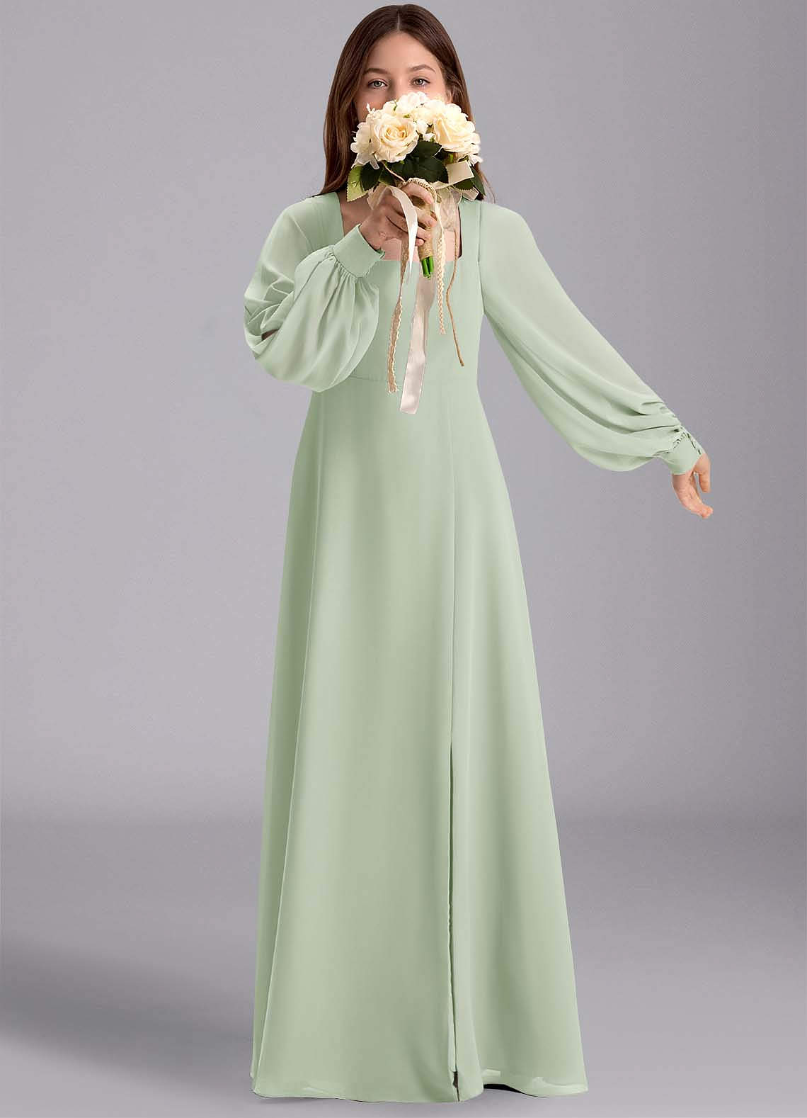 Azazie Bondi Junior Abito A-Line in Chiffon Blusa Verde Salvia image1