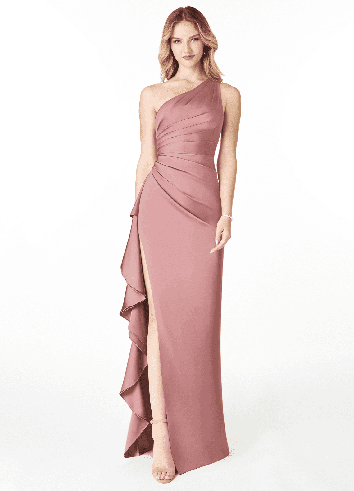 Azazie Latrice Robes de demoiselle d'honneur Robe Fourreau en Satin extensible Volants en cascade à une épaule Rose Poussiéreuse image1
