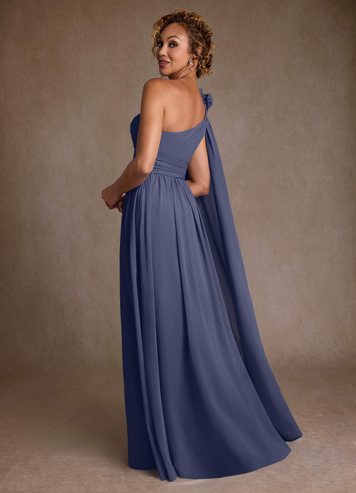 Azazie Lancaster Mère de la mariée Robes Robe Trapèze en Mousseline de soie Une épaule Bleu Orageux image1