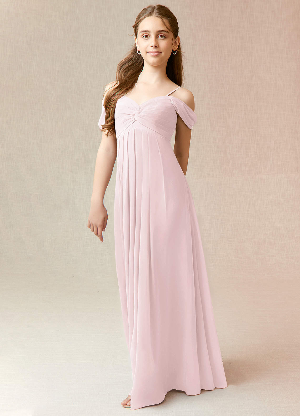 Azazie Kaitlynn Junior Blushing Pink A-Line Off the Shoulder Chiffon Dress image1