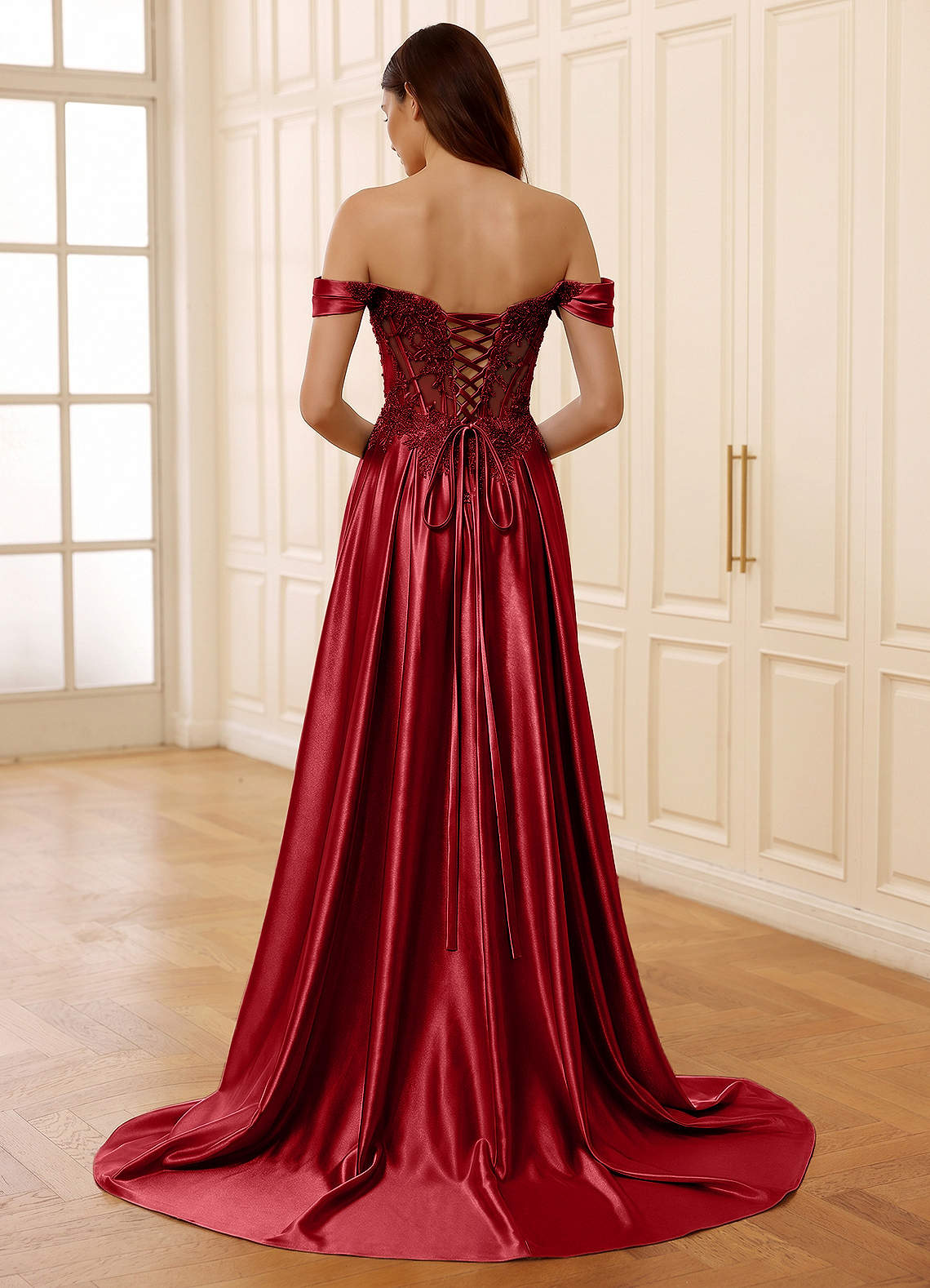 strapless open back dress Luxe Lace Satin Gown with Dramatic Train – Black or Red Evening Dress