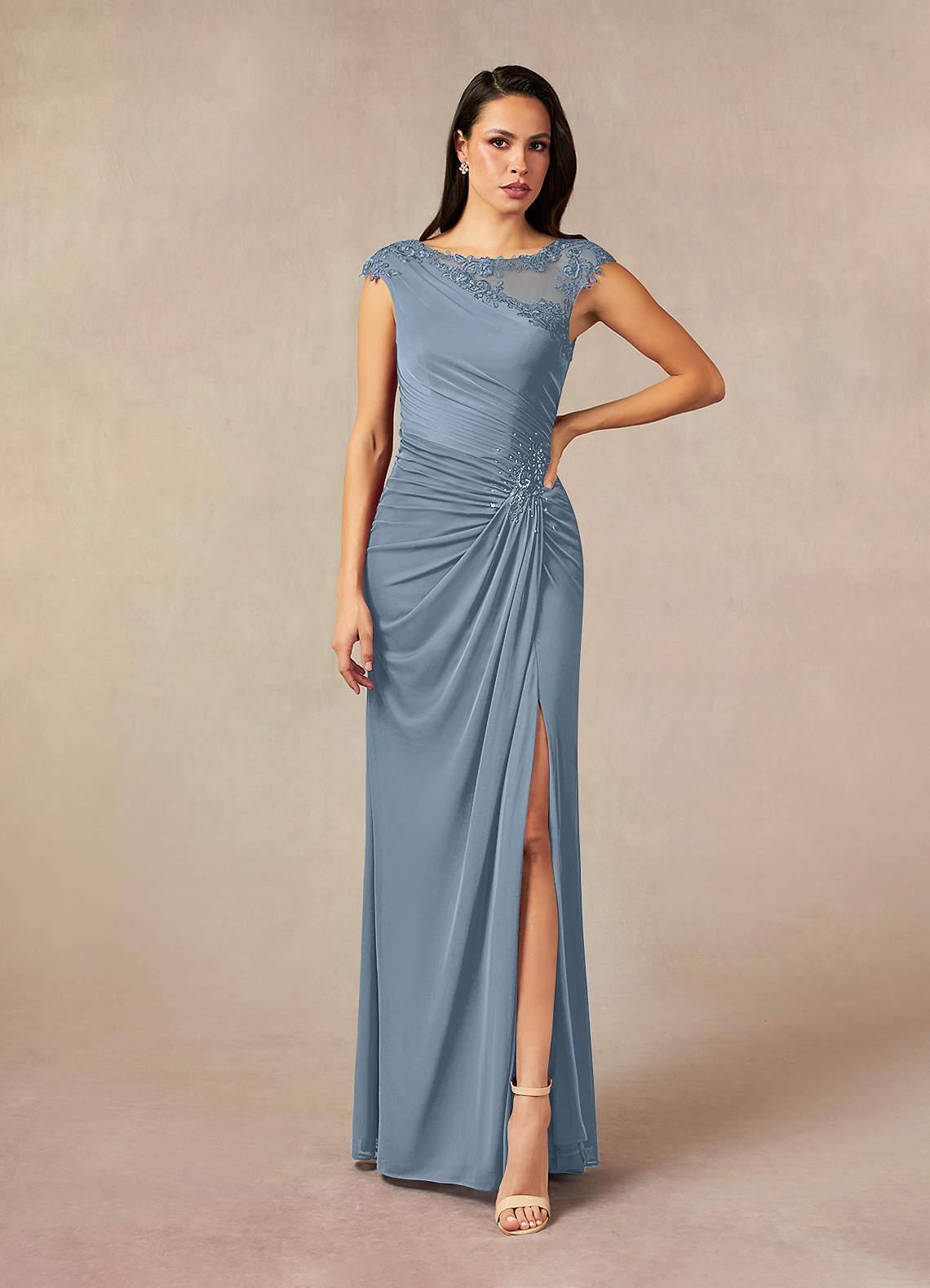 Azazie Oliniana Mère de la mariée Robes Robe Sirène en Maille Dentelle Bleu Poussiéreux image1
