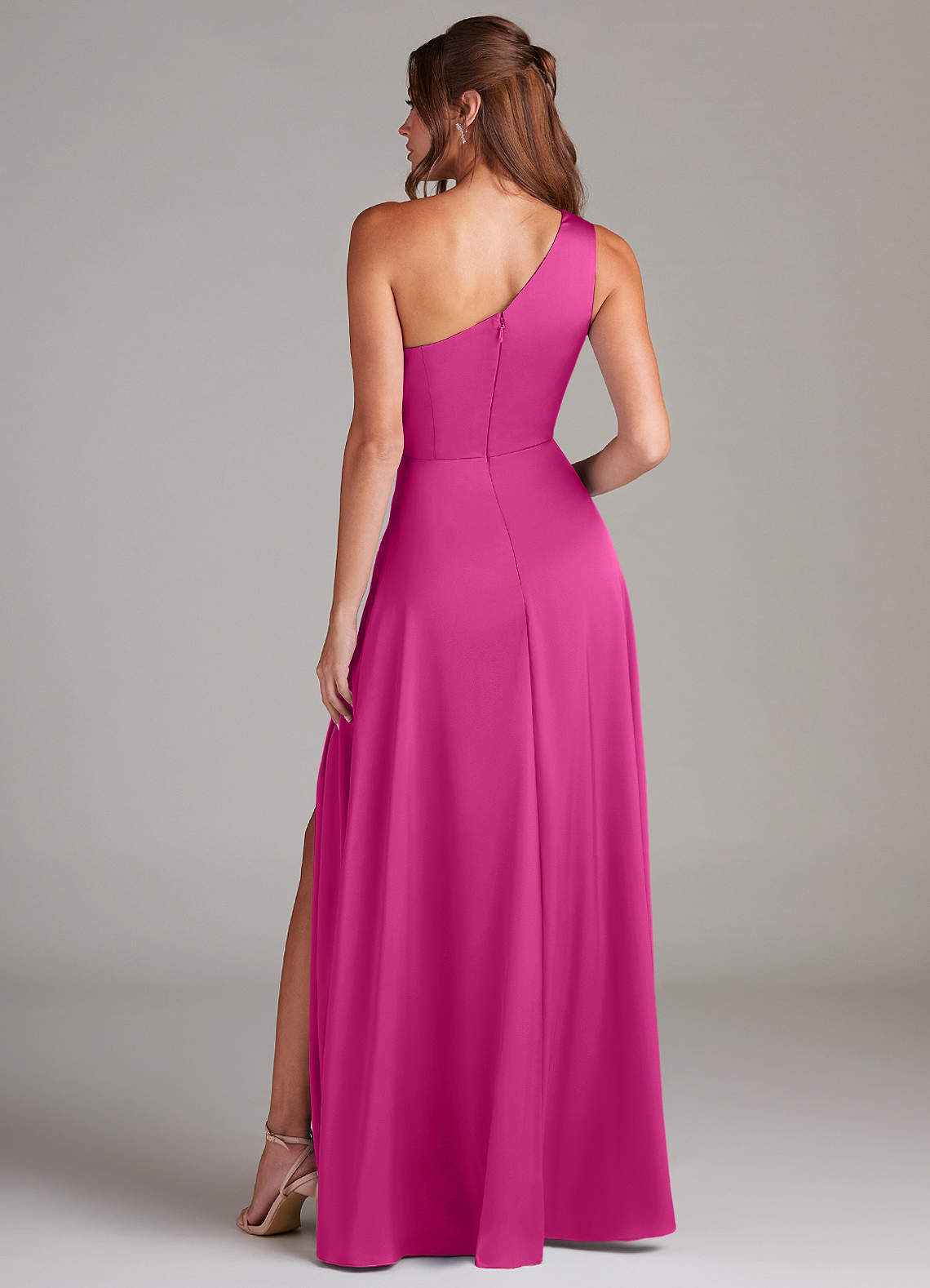 Azazie Brooke Vestidos de damas de honor Vestido de Fucsia de Satén Elástico de Corte en A con Hombro unilateral image6