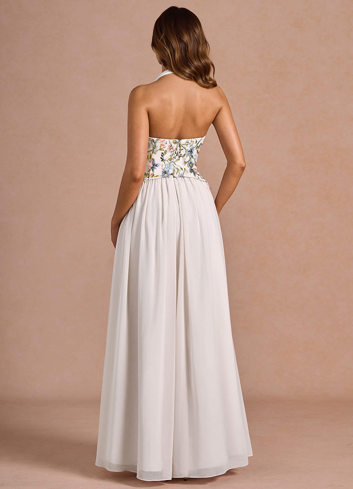 Azazie Floor-Length Maxi Dresses A-Line Formal Dresses Halter Embroidery White