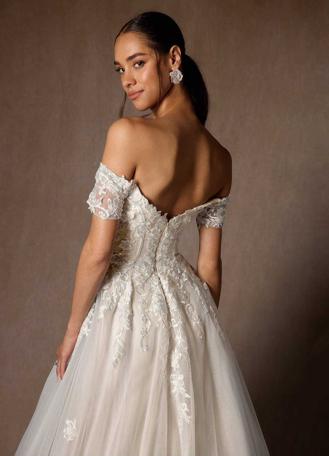 Azazie Rowe Wedding Dresses Diamond White Nude Ball-Gown Off the Shoulder Tulle Dress image12