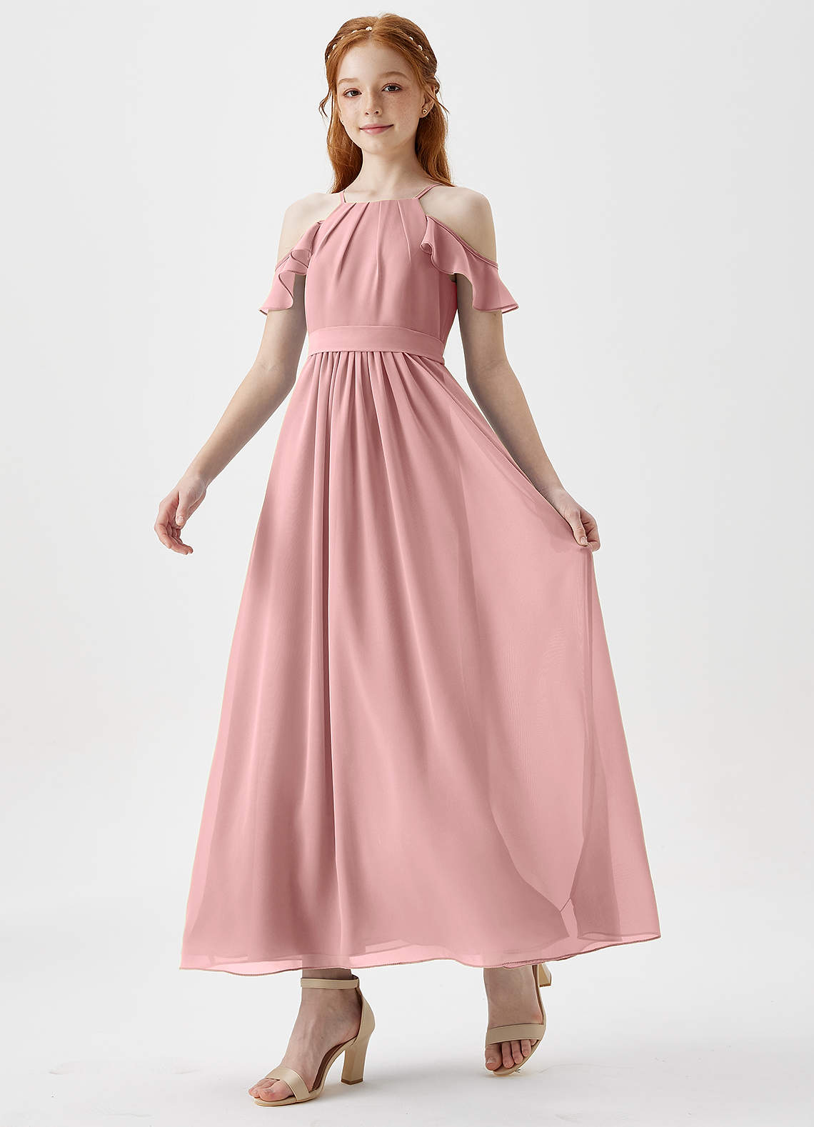 Azazie Chaya Junior Dusty Rose A-Line Off the Shoulder Chiffon Dress image4