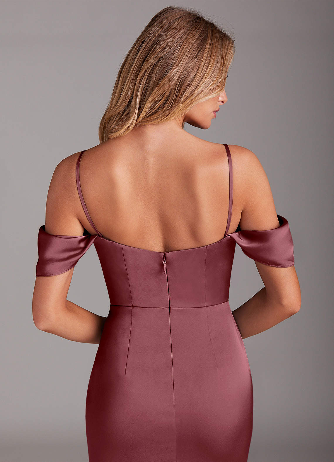 Azazie Saige Bridesmaid Dresses Desert Rose Sheath Off the Shoulder Stretch Satin Dress image7