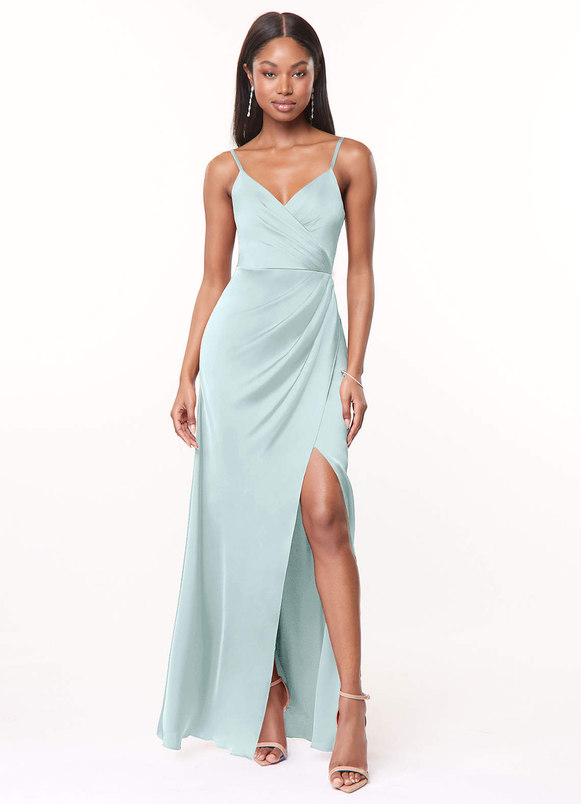 Azazie Maci Bridesmaid Dresses Sea Glass A-Line V-Neck Pleated Stretch Satin Dress image1