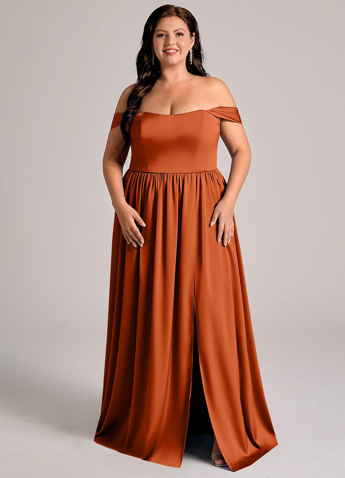 Azazie Calianna Bridesmaid Dresses Burnt Orange A-Line Off the Shoulder Stretch Satin Convertible Dress image1