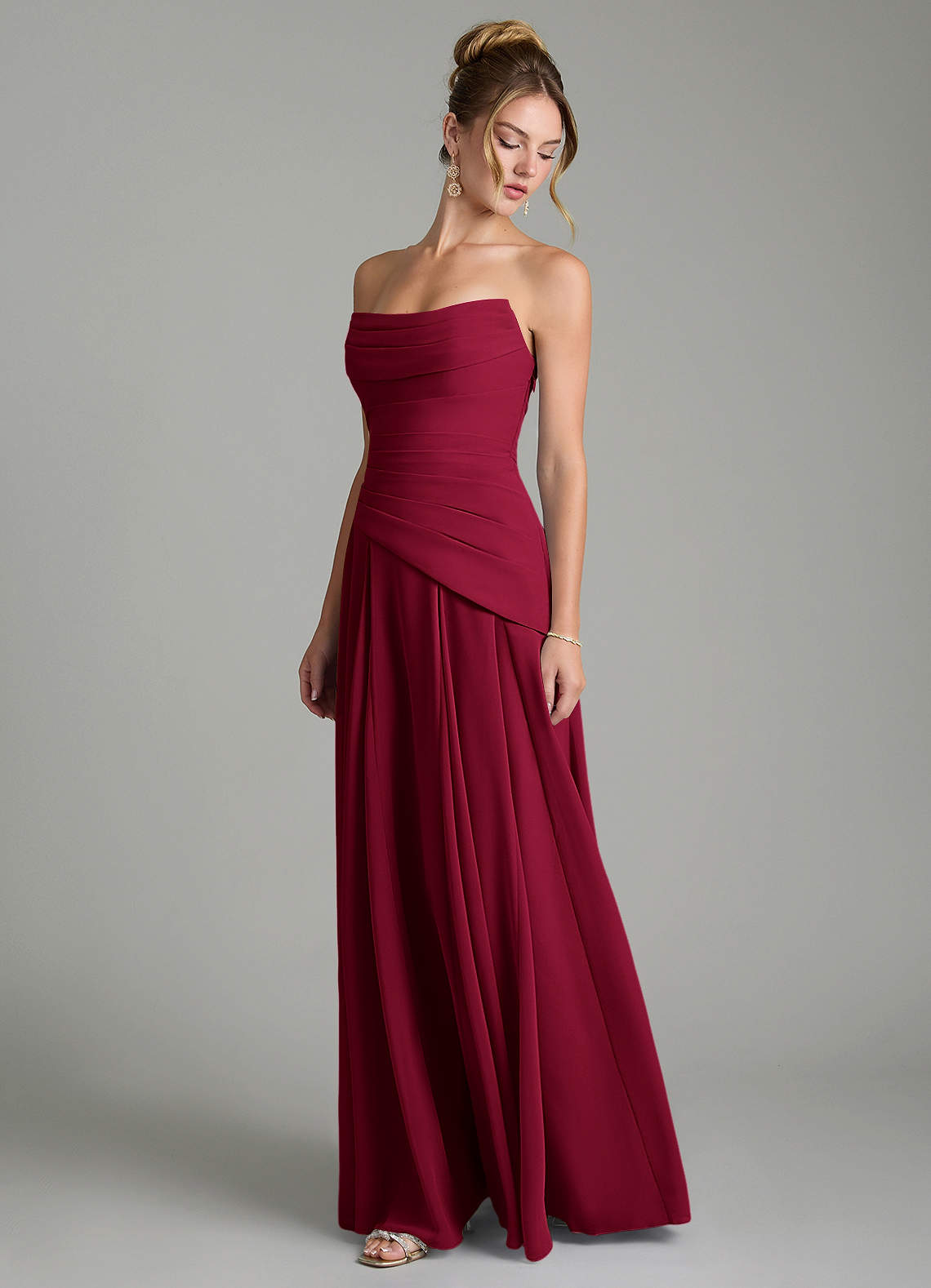 Azazie Gabriela At-home Try On Dresses Burgundy A-Line Corset Chiffon Dress image5