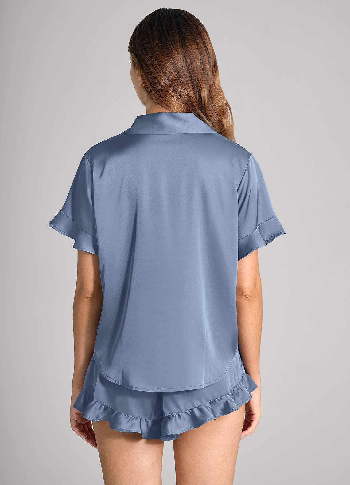 front Matching Color Ruffled Short Sleeve Pajama Set