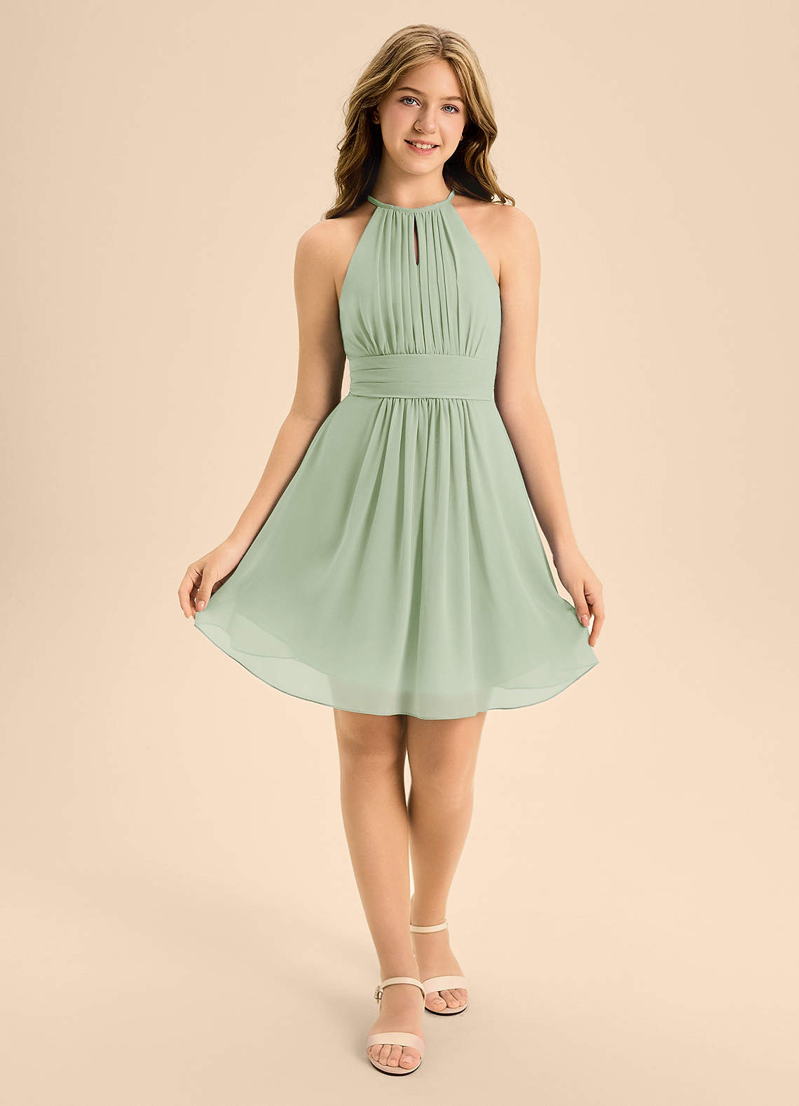 Azazie Bonnie Junior Dusty Sage A-Line Pleated Chiffon Dress image1