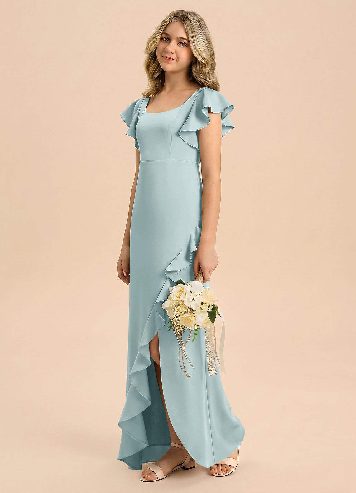 junior bridesmaid mermaid dresses Sweet Pink Square Sleeveless Ruffles Satin Mermaid Junior Bridesmaid Dress JB017