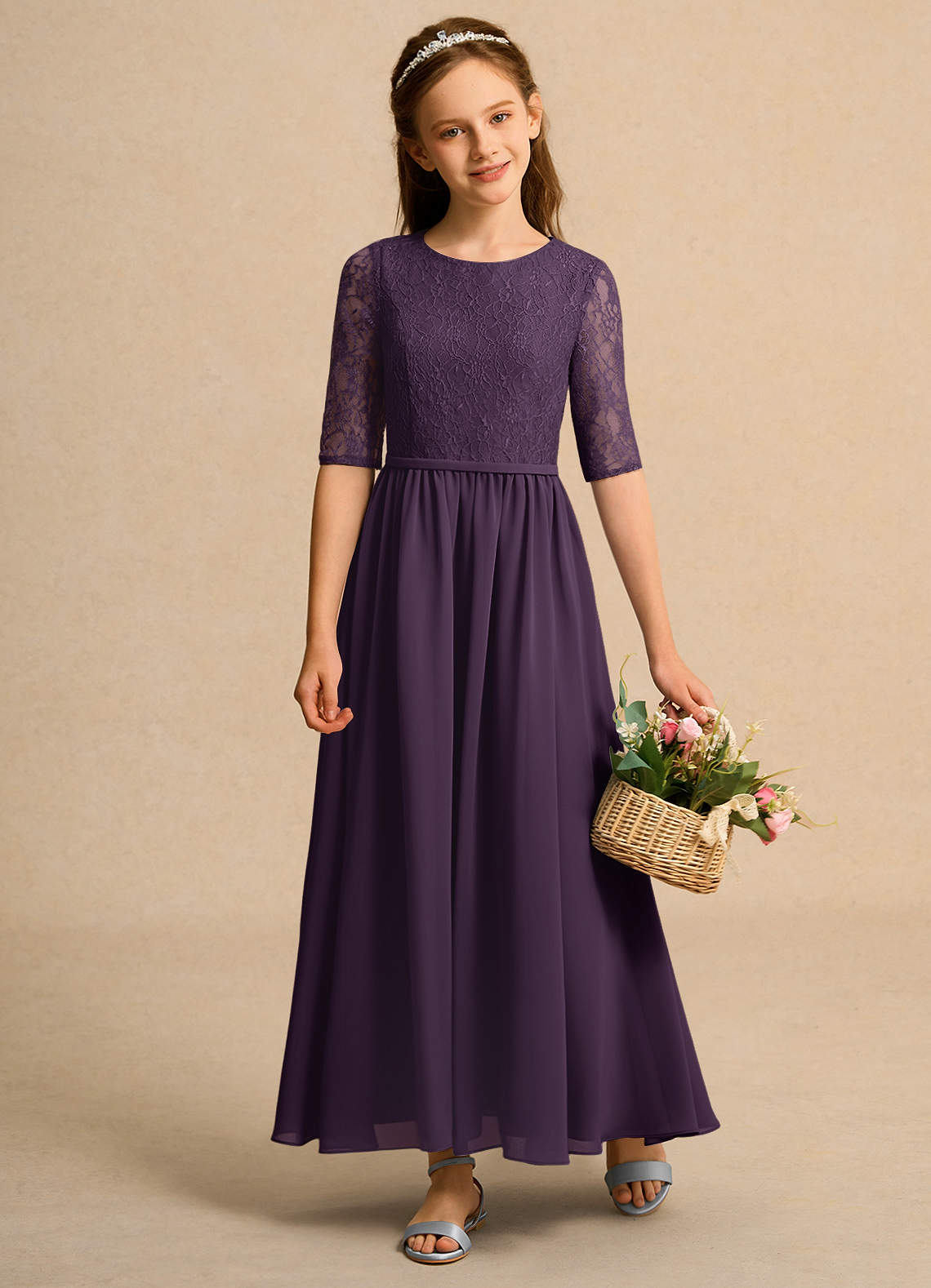 Azazie Pippin Junior Formal vestidos de niña de las flores Vestido de Ciruela de Encaje de Corte En A image1