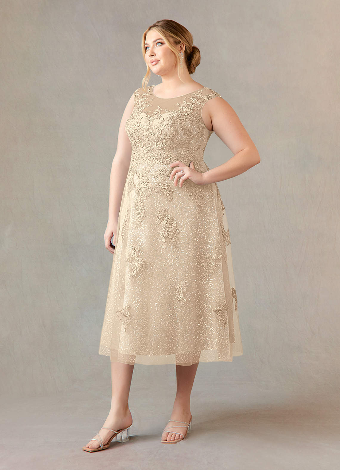 Azazie Flynn Mother of the Bride Dresses A-Line Boatneck Lace Tulle Tea-Length Dress image1