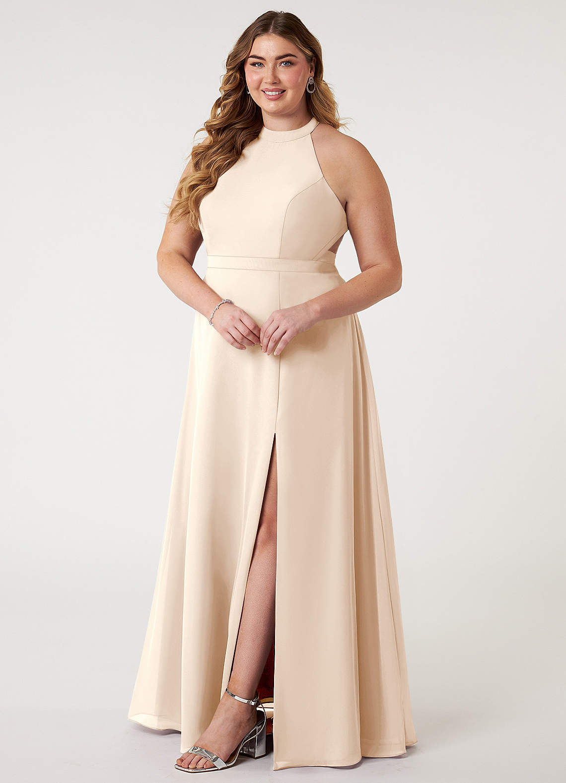 stretch chiffon ivory long one shoulder dress Keia Crepe Chiffon One-Shoulder Maxi Dress Oyster main image 1