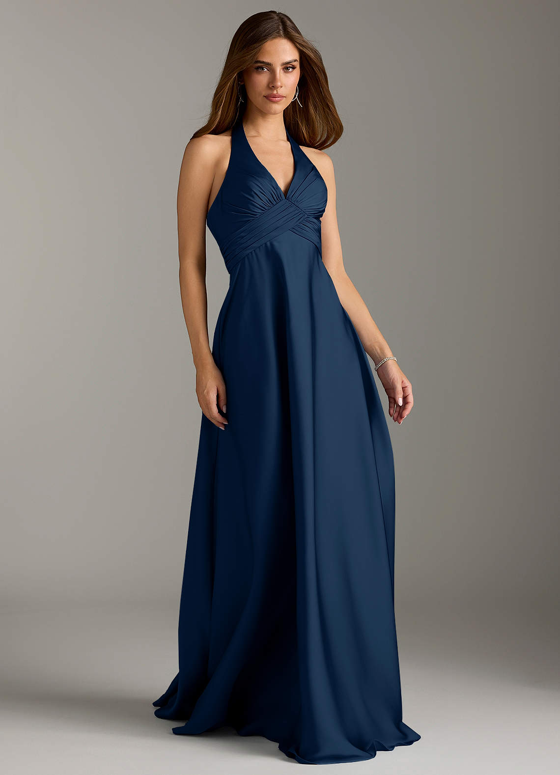 Azazie Tessie Bridesmaid Dresses Dark Navy A-Line Pleated Stretch Satin Dress image1