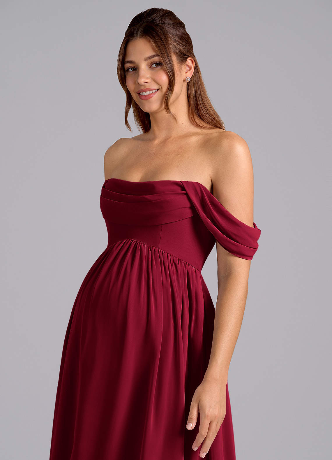 Azazie Saige At-home Try On Dresses A-Line Pleated Chiffon Floor-Length Dress image5