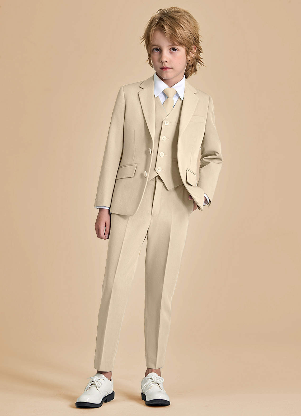 front Oliver Boys Tan 5-Piece Suit With Pre-tie