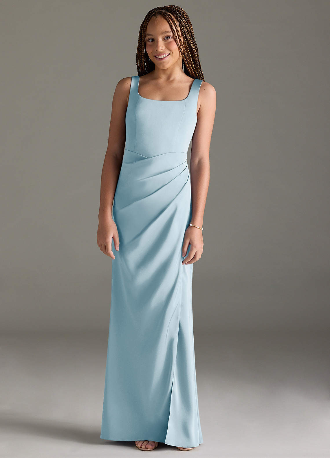 Azazie Mero Junior Sky Blue Mermaid Pleated Stretch Satin Dress image1