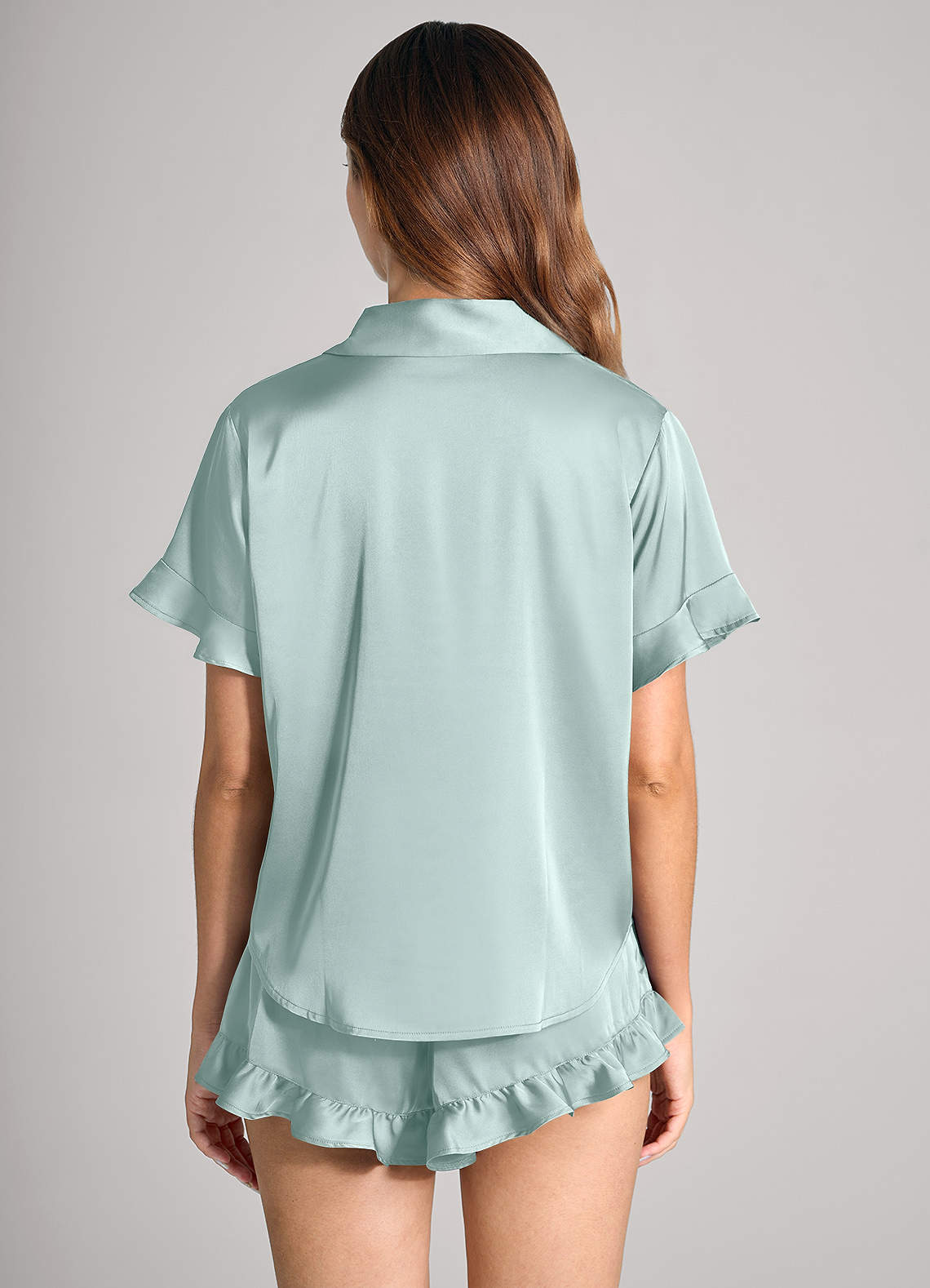 front Matching Color Ruffled Satin Short Sleeve Pajama Set