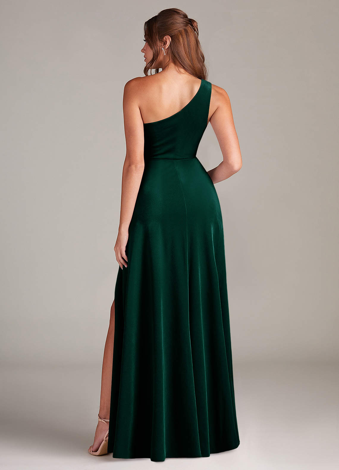 Azazie Brooke Bridesmaid Dresses Emerald A-Line One Shoulder Velvet Dress image4