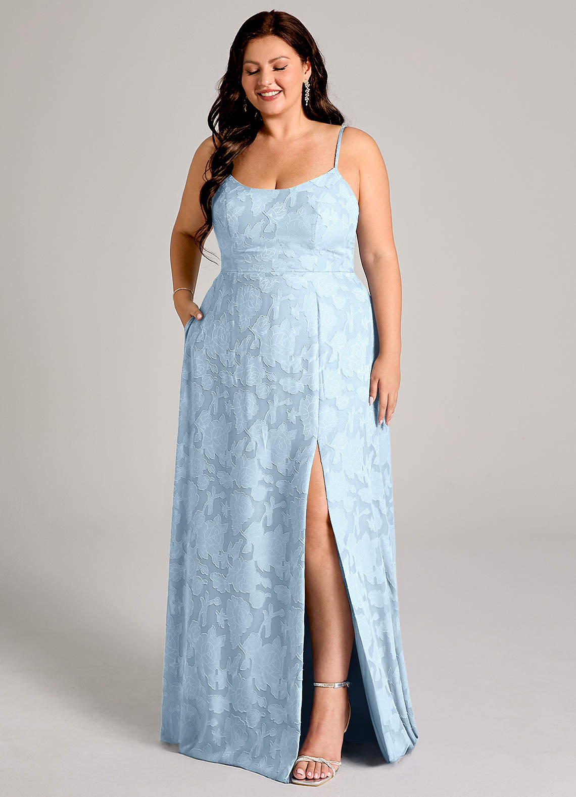 Azazie Moira Bridesmaid Dresses Sky Blue A-Line Side Slit Floral Burnout Dress image9