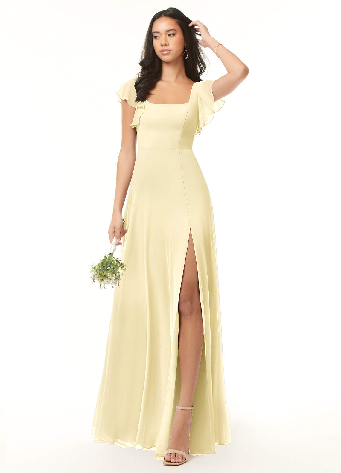 Azazie Bondi At-home Try On Dresses Dusty Blue A-Line Ruffled Chiffon Dress image1