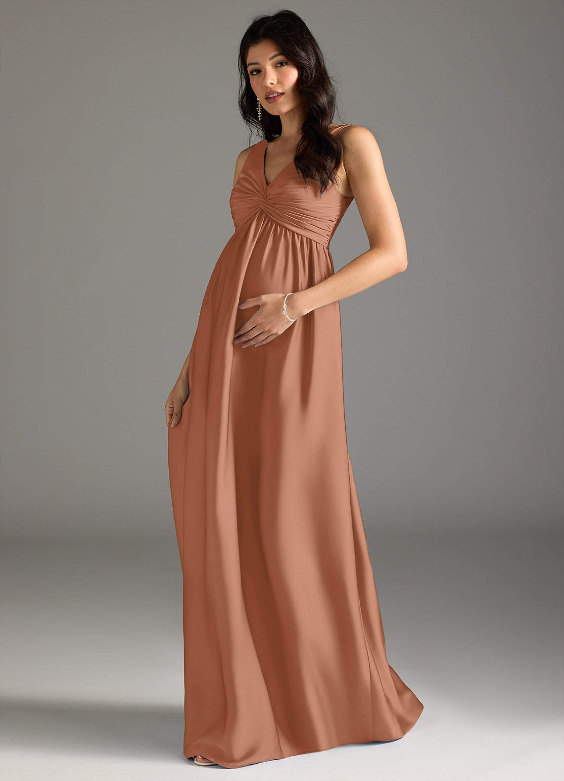 Azazie Yetta At-home Try On Dresses A-Line Pleated Stretch Satin Floor-Length Dress image1