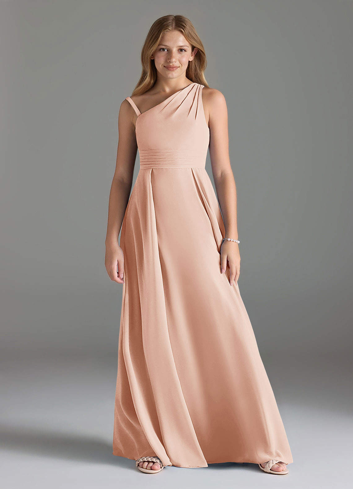 Azazie Dallas Junior Robe Trapèze en Mousseline de soie Plissée Rose Perle image1