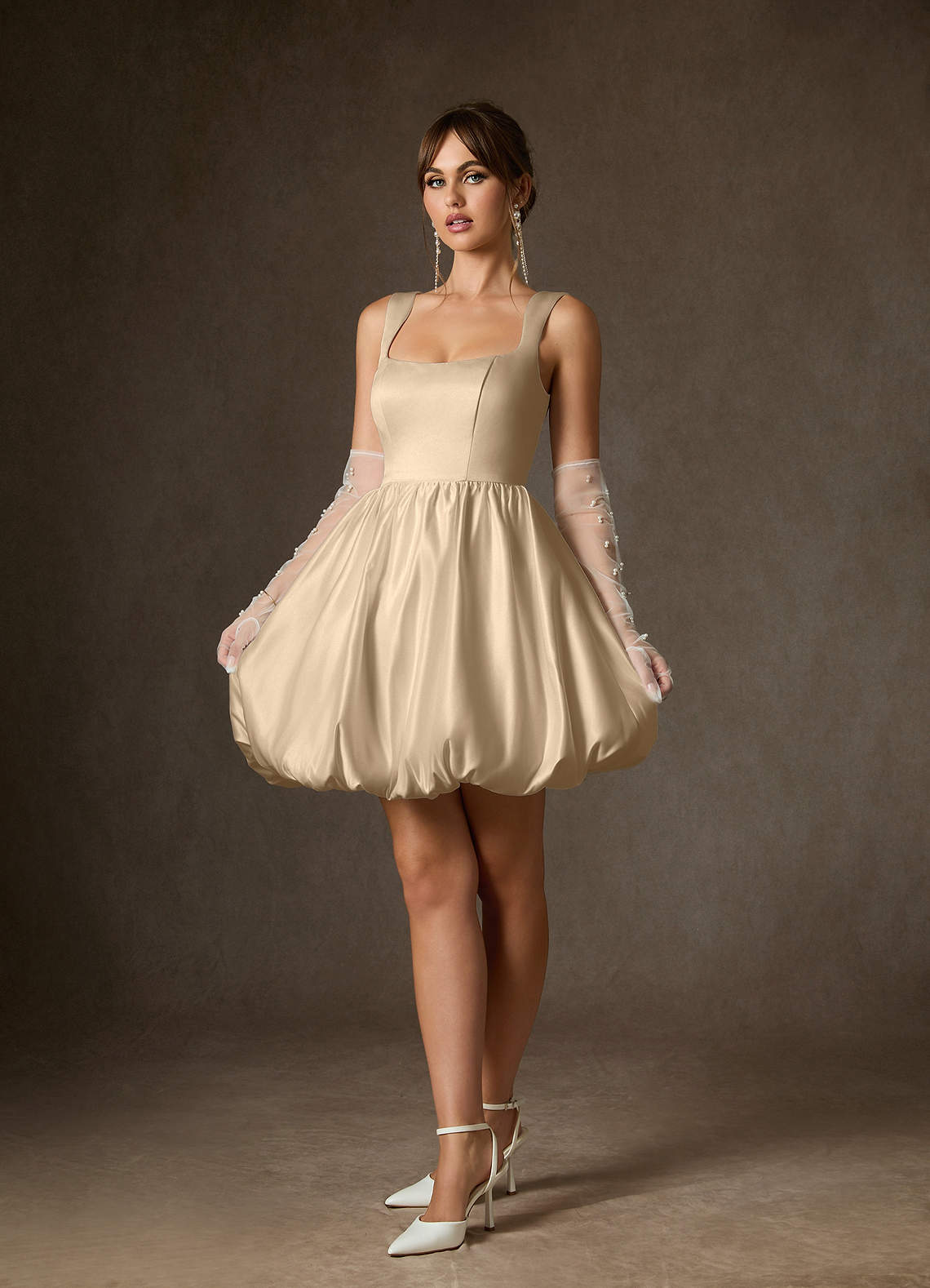 Azazie Blossom At-home Try On Dresses Champagne A-Line with Pockets Satin Dress image4