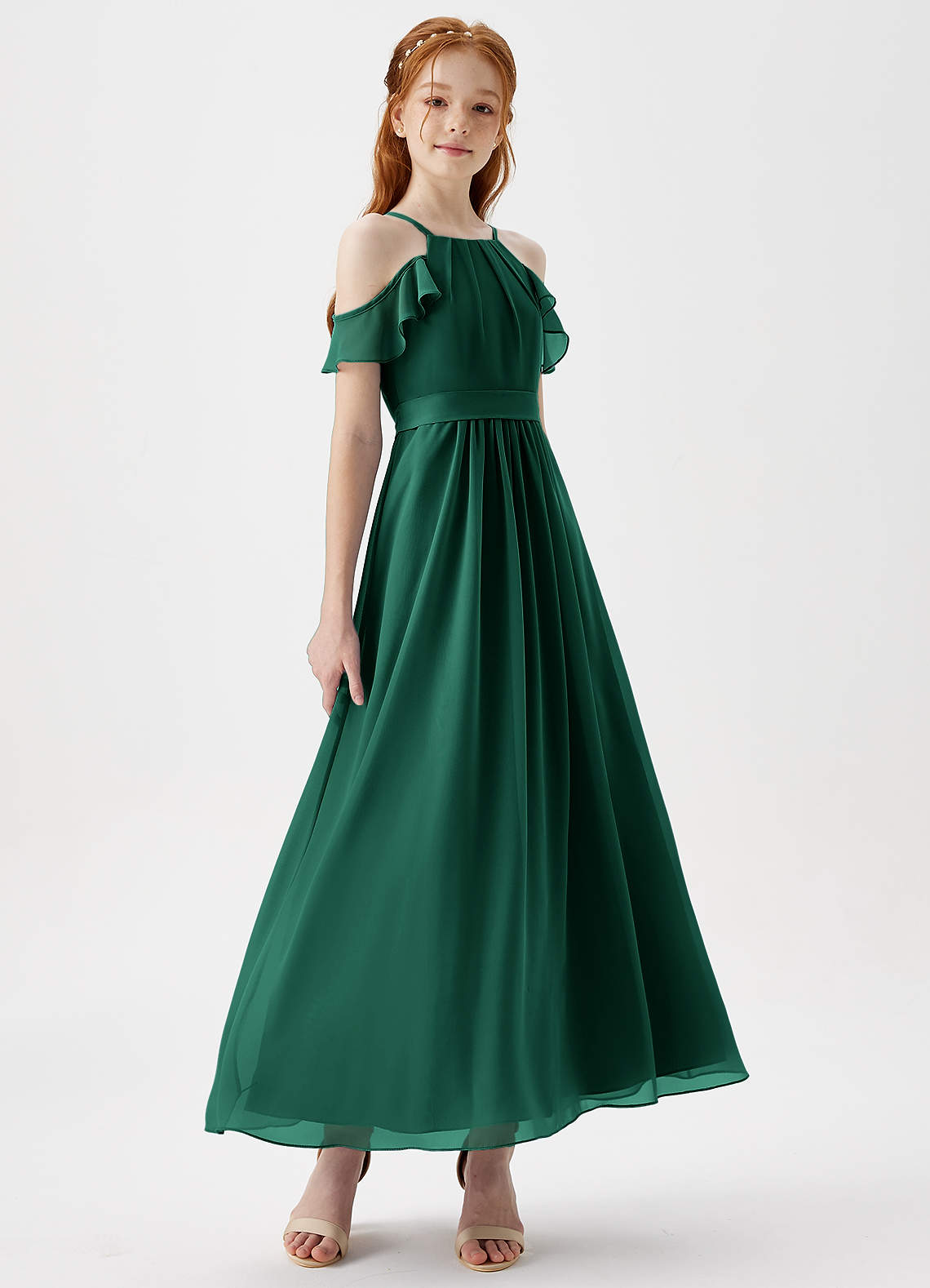 Azazie Chaya Junior Emerald A-Line Off the Shoulder Chiffon Dress image5