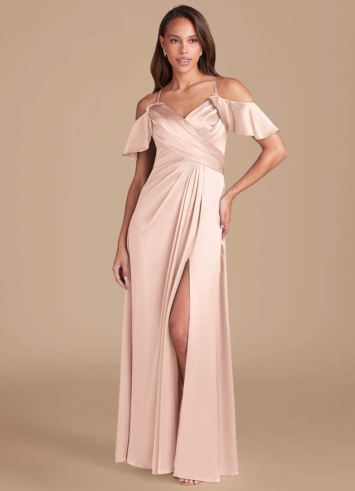Azazie Dakota Final Sale Rose Gold A-Line Off the Shoulder Metallic Satin Dress image1