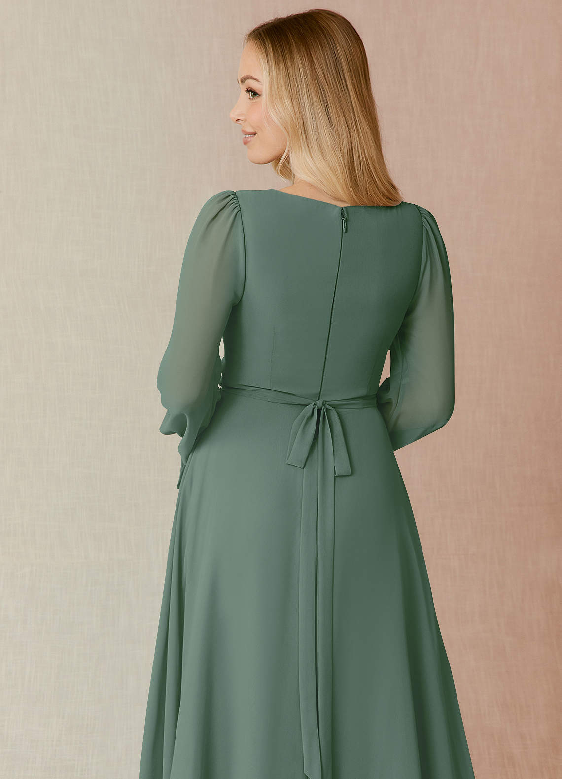 Azazie Leonia Bridesmaid Dresses Eucalyptus A-Line Long Sleeve Chiffon Dress image6