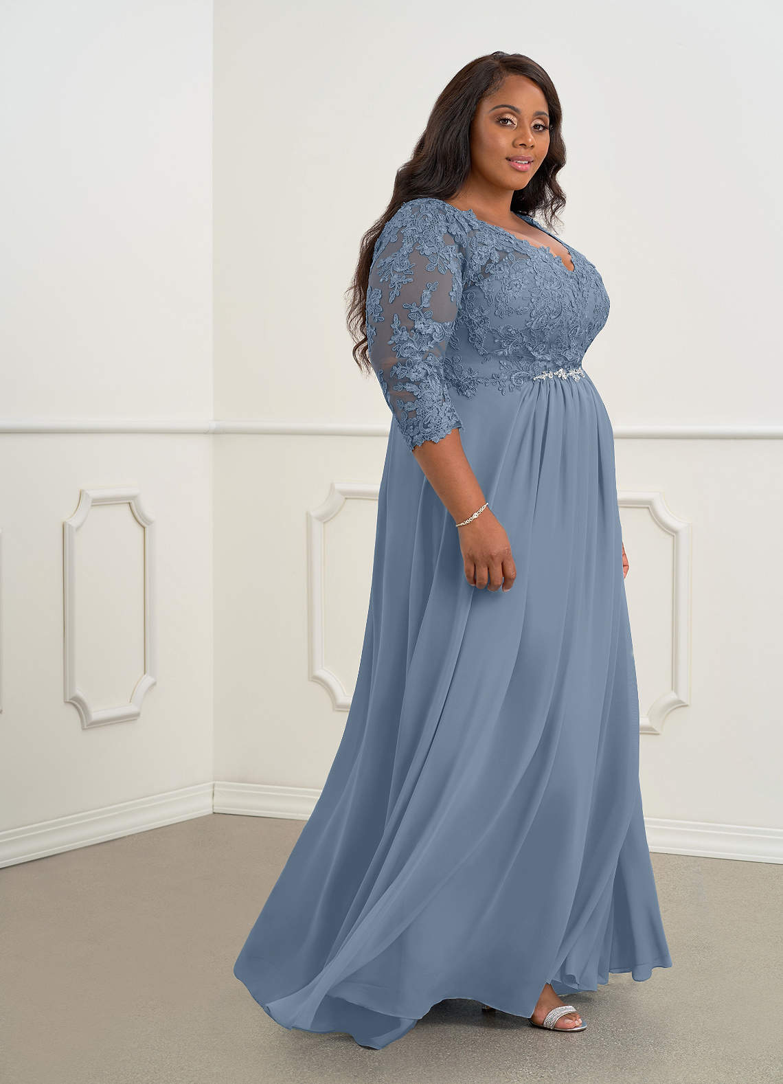 Azazie Hayek Abiti per la Madre della Sposa Abito A-Line in Chiffon con Scollo a V in Pizzo Blu Polveroso image7