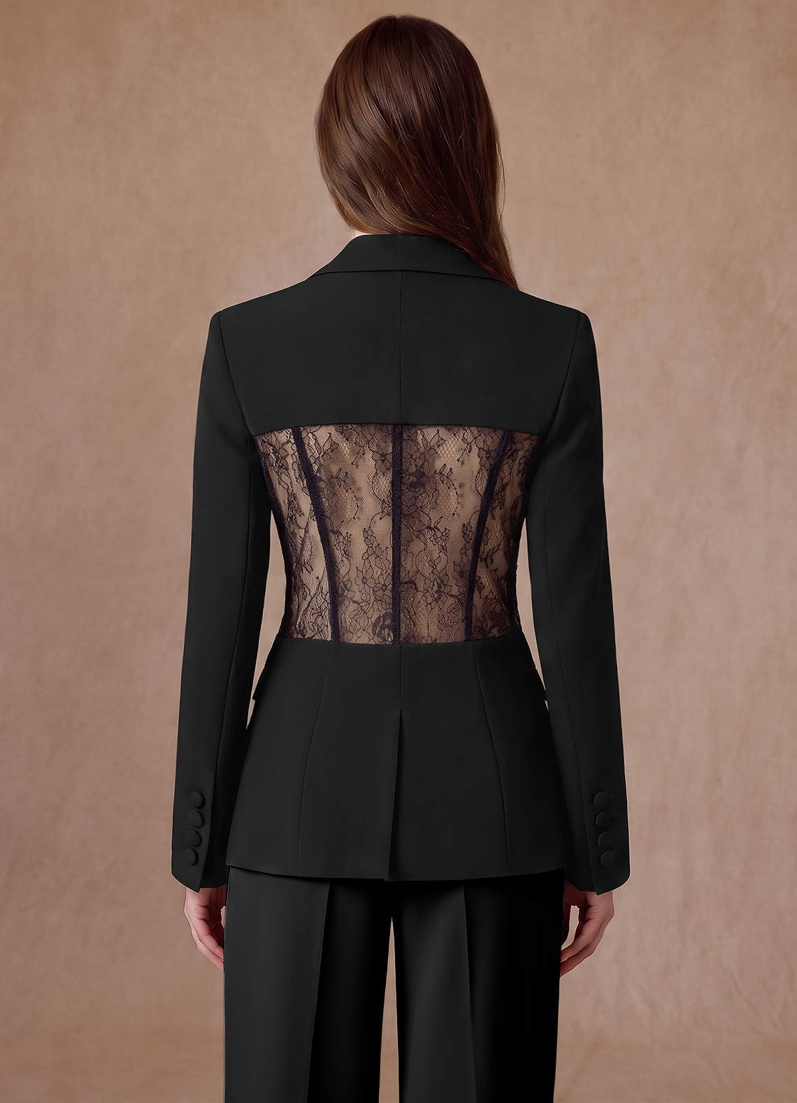 front Juliette Black Refined Weave Lace Panel Tailored Blazer