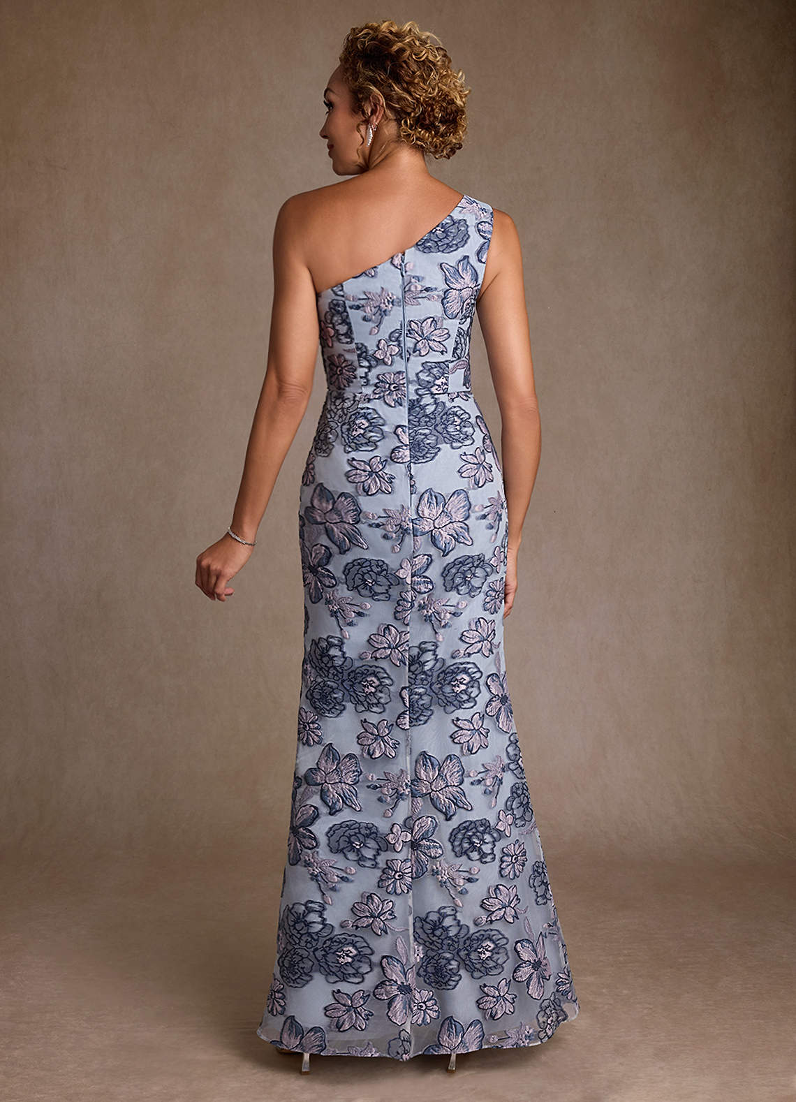 Azazie Joylin Mother of the Bride Dresses Dusty Blue Jacquard Trumpet One Shoulder Floral Jacquard Dress image2