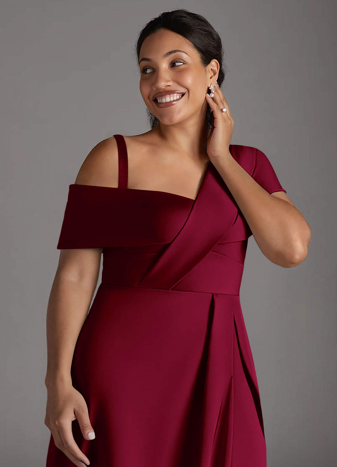 Azazie Milton Mother of the Bride Dresses Burgundy A-Line Pleated Stretch Satin Dress image13