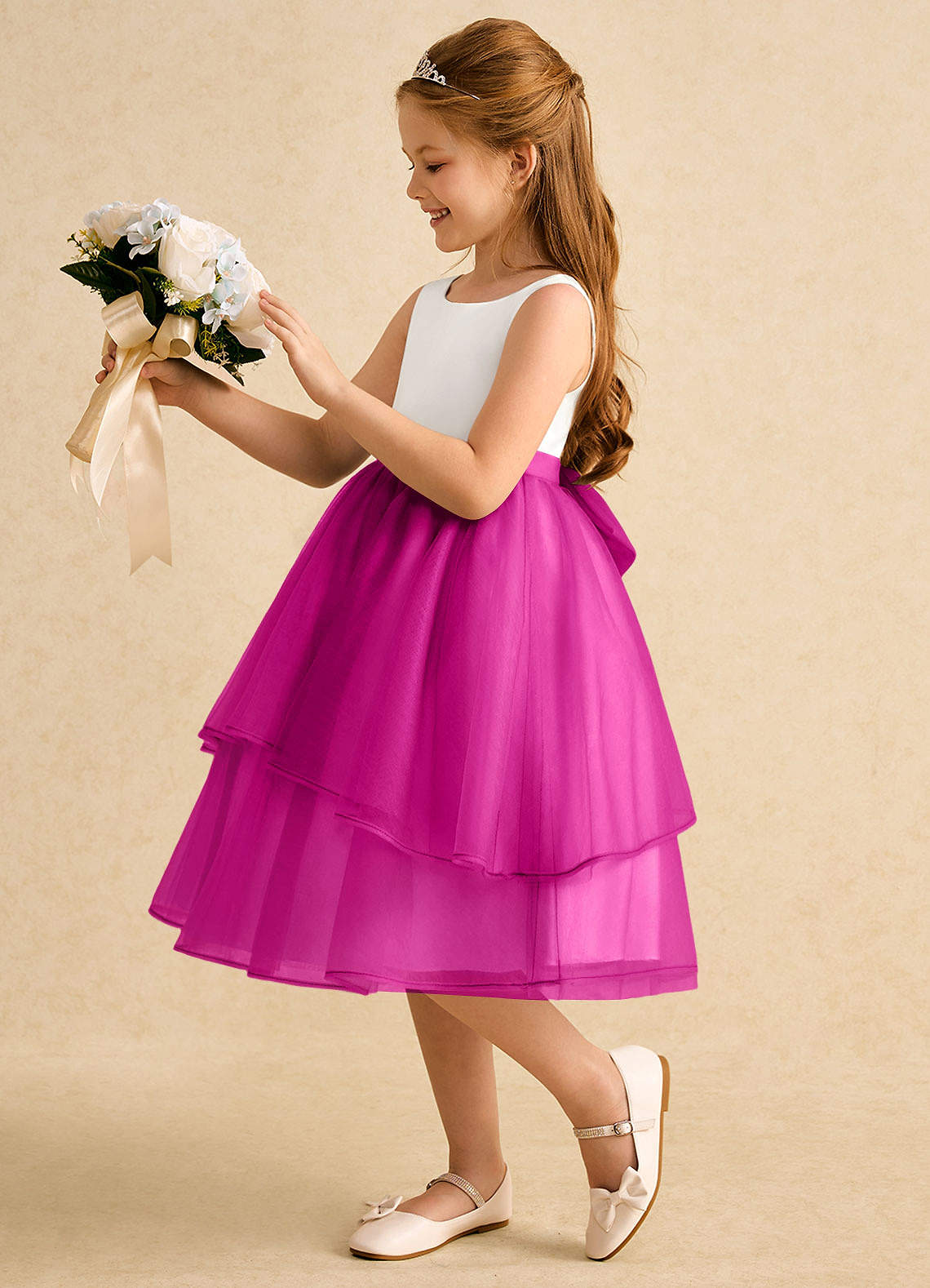 Azazie Rene Blumenmädchenkleider A-Linie Schleifen Tüll Kleid Elfenbein Fuchsia image4
