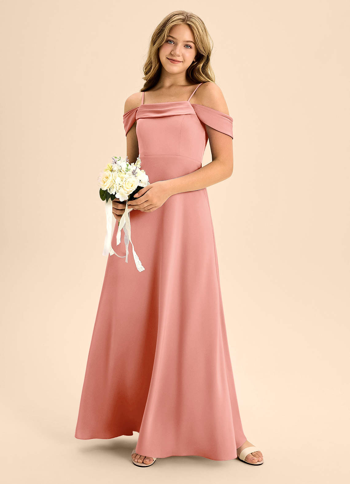 Azazie Anselie Junior Coral A-Line Off the Shoulder Stretch Satin Dress image1