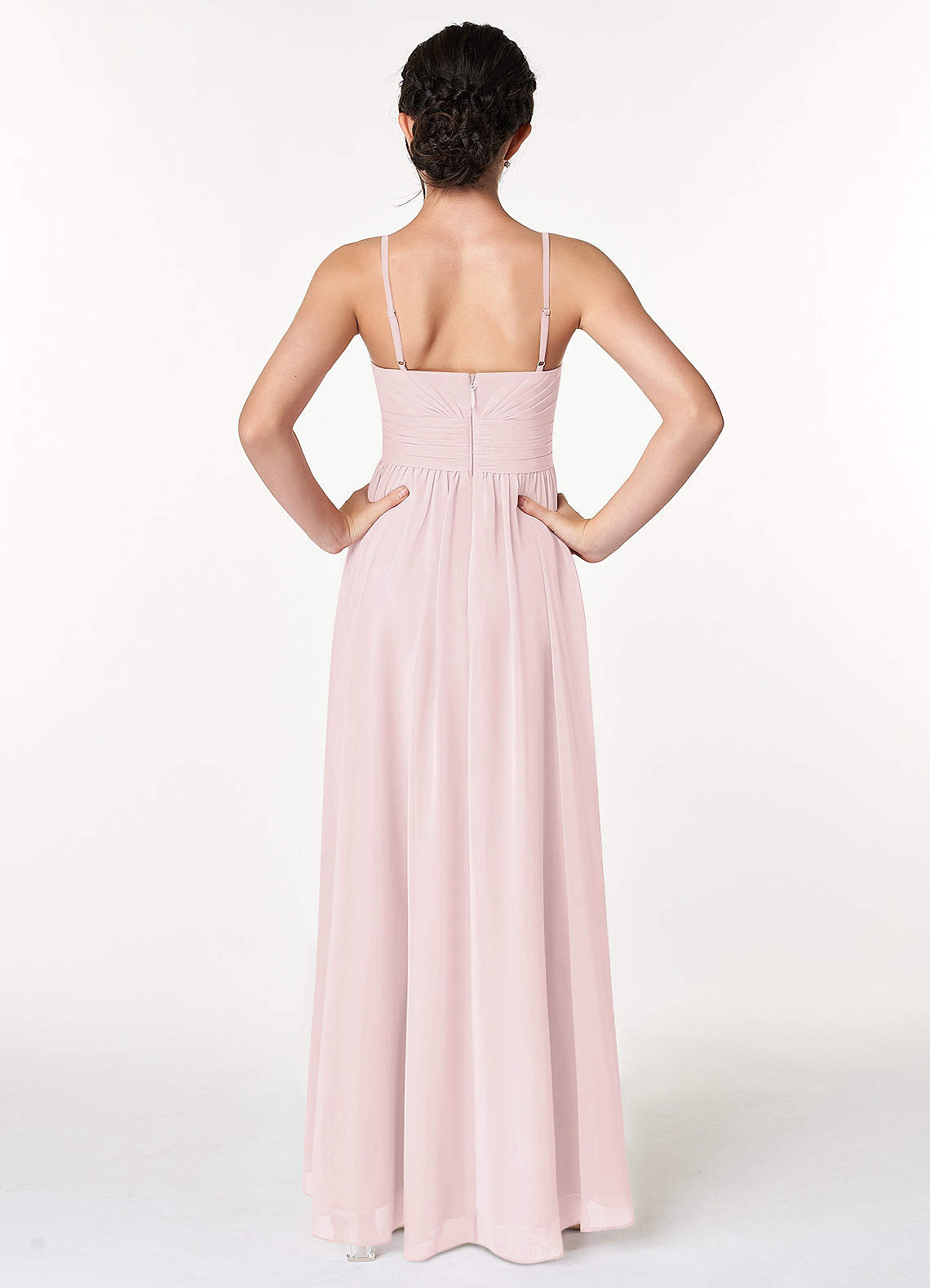 Azazie Catalina Junior Blushing Pink A-Line Ruched Chiffon Dress image1