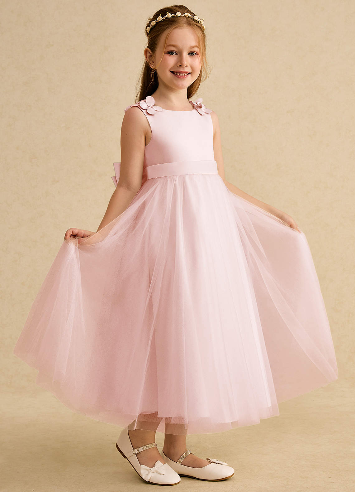 Azazie Lilli Robe Demoiselle D'honneur Fillette Robe Trapèze en Tulle Arc Rose Blush Rose Blush image1