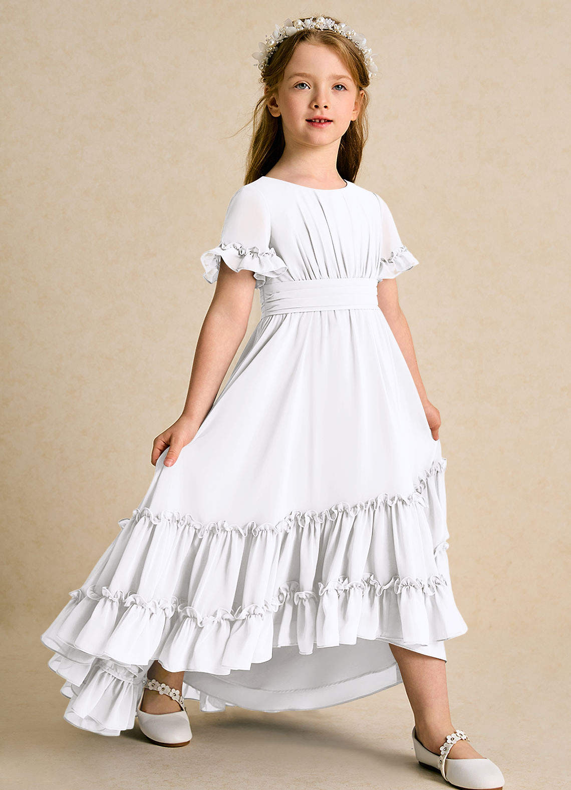 Azazie Kass Flower Girl Dresses White A-Line Pleated Chiffon Dress image1