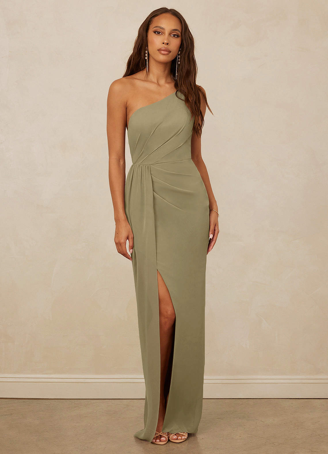 Christian Siriano Bridal for Azazie 1003 Bridesmaid Dresses Moss Green Sheath One Shoulder Chiffon Dress image1