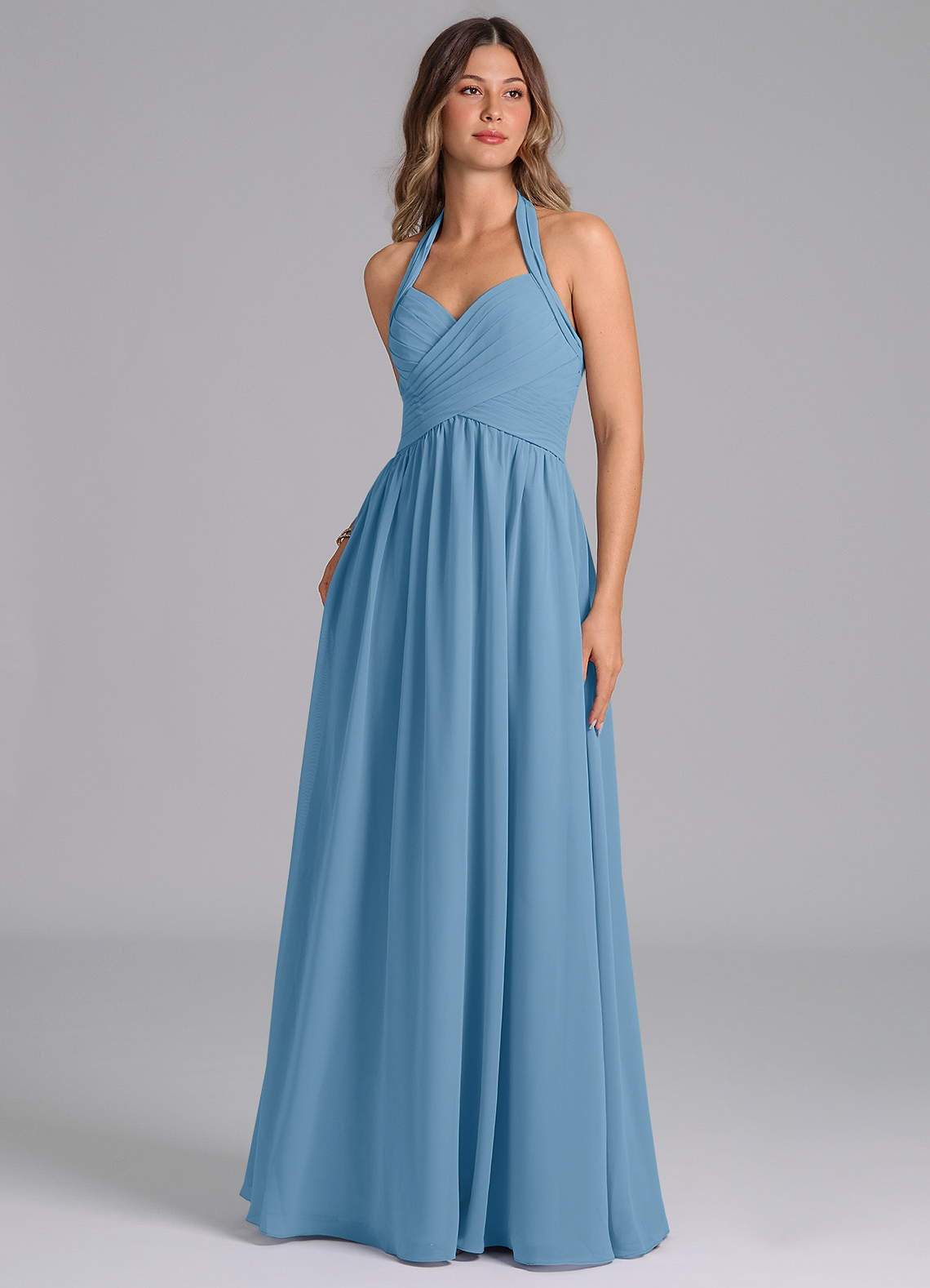 Azazie Darlyn Bridesmaid Dresses Steel Blue A-Line Pleated Chiffon Dress image1