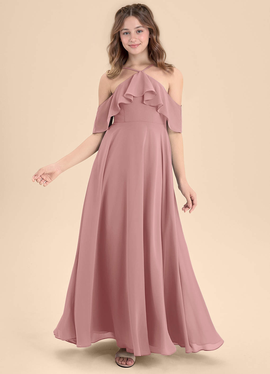 Azazie Tessabelle Junior Vestido de Rosa Polvorienta de Gasa de Corte en A con Vestidos sin tirantes image5