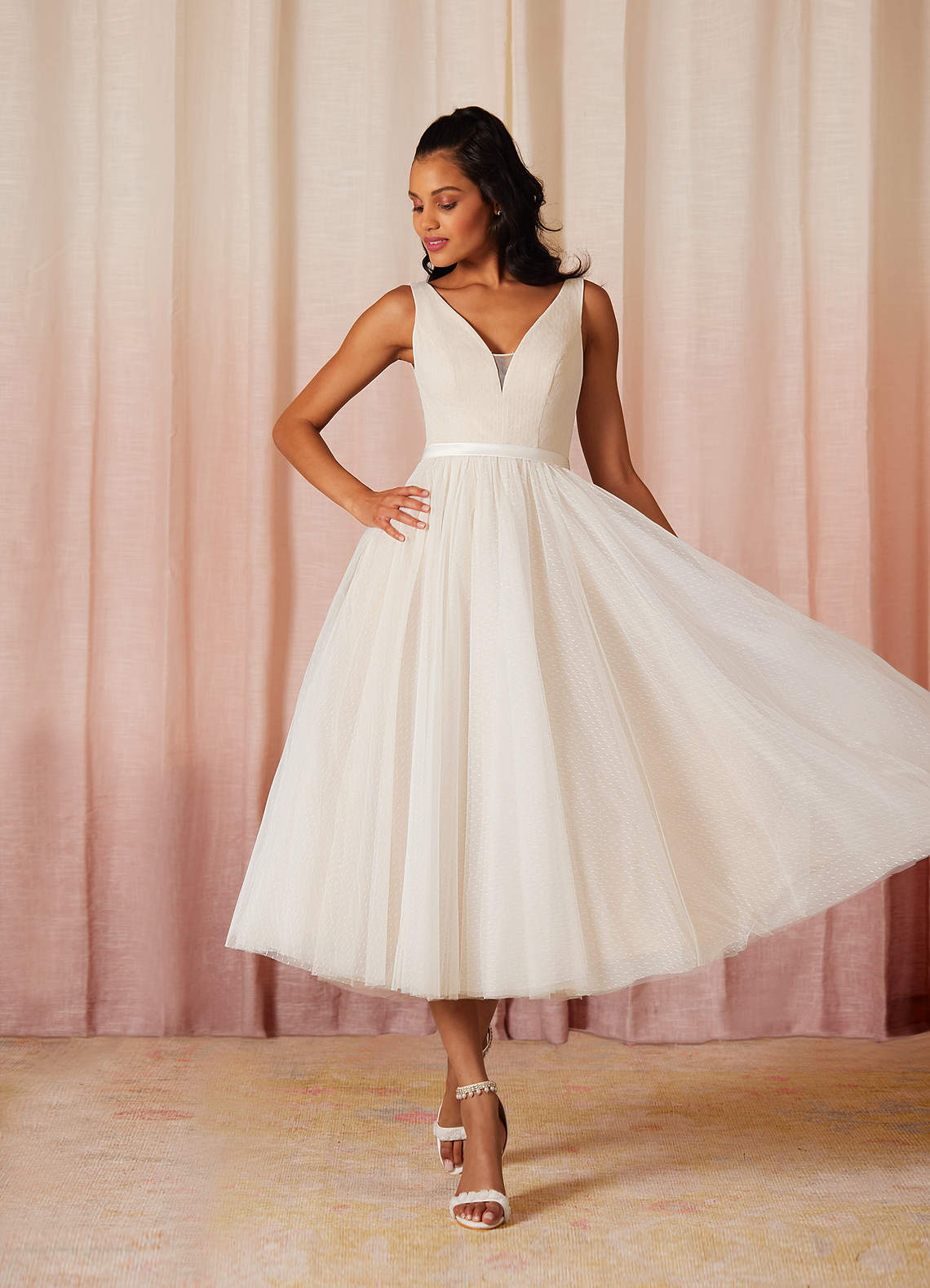 Azazie Windsor Wedding Dresses A-Line Bow Tulle Tea-Length Dress image1