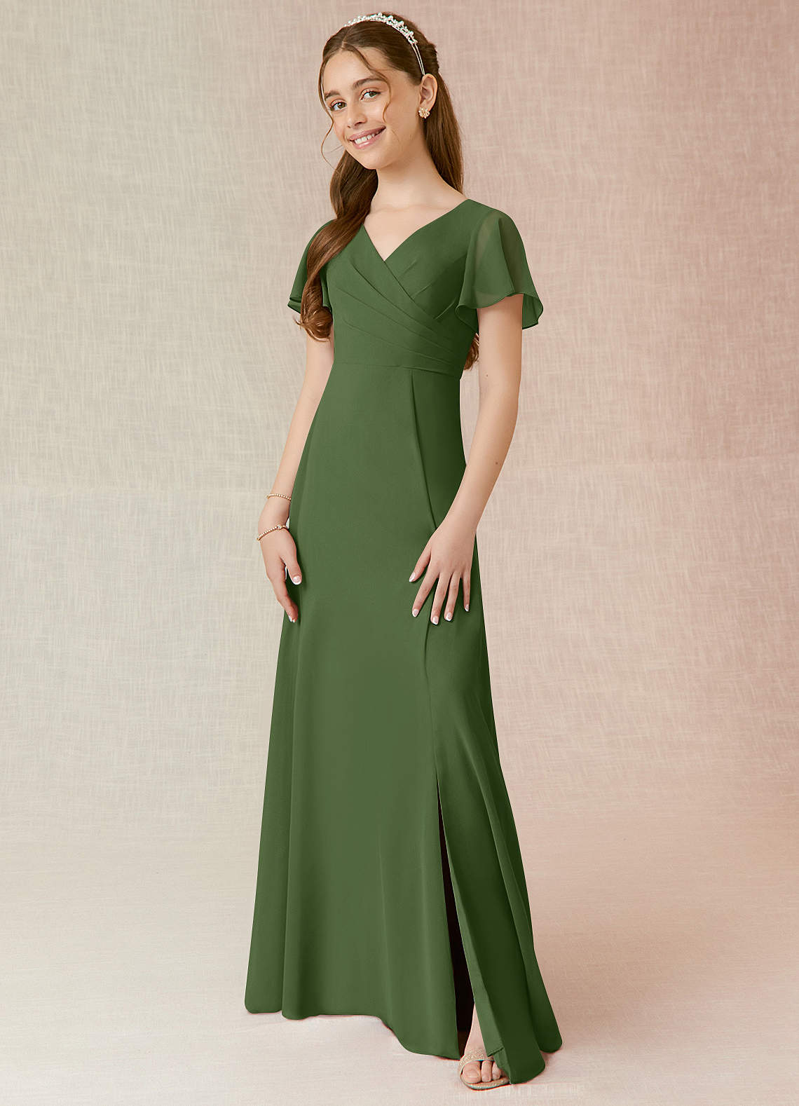 Azazie Induh Junior Olive A-Line Ruched Chiffon Dress image1